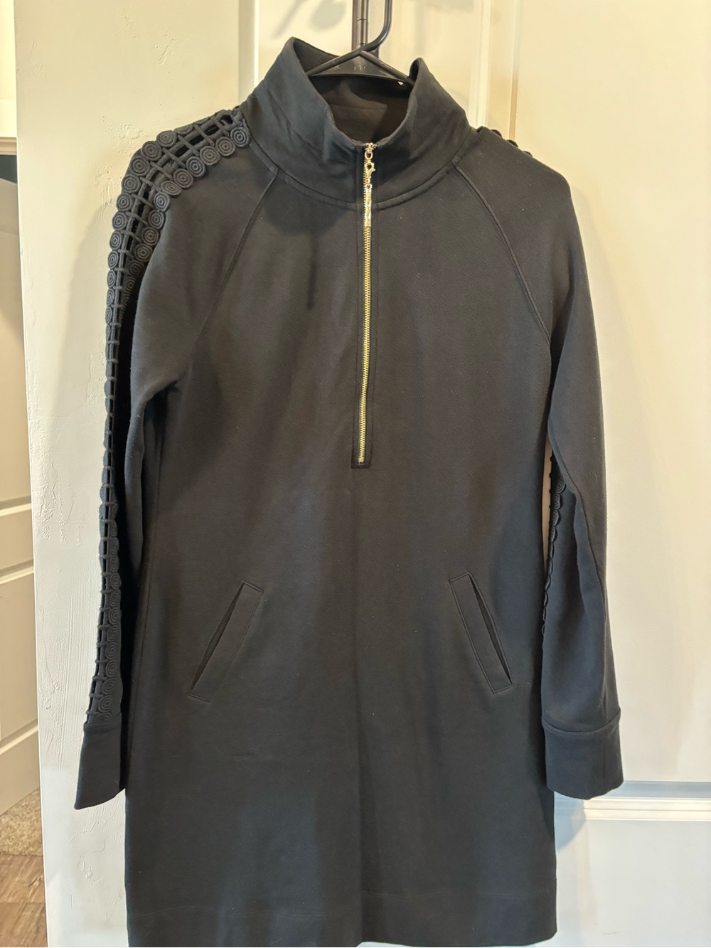 Lilly Pulitzer Black Zip-Front Sweatshirt Dress with Braided Sleeve Detail